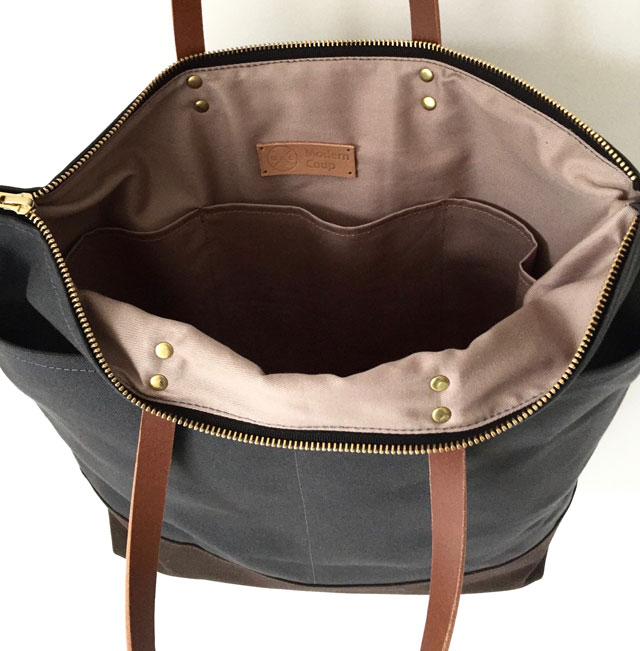 modern-coup-custom-medium-zipper-tote-water-resistant-waxed-canvas-and-leather-charcoal-grey-brown-inside-pockets