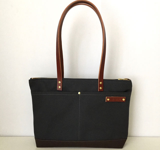 modern-coup-handmade-waxed-canvas-leather-bags-custom-satchel-small-tote-charcoal-grey-brown-front