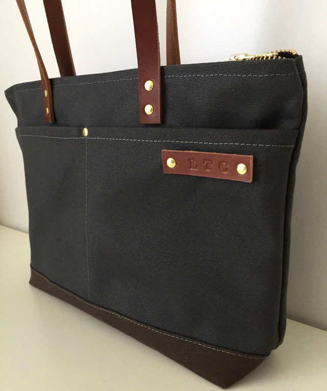 modern-coup-handmade-waxed-canvas-leather-bags-custom-satchel-small-tote-charcoal-grey-brown-side