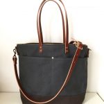 Custom Bag: Carrier Tote with Front Pockets | Lightly Waxed Canvas and Vegetable Tanned Leather |  Charcoal Grey and Brown