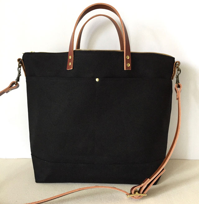 modern-coup-waxed-canvas-leather-bags-utility-tote-custom-black-brown-straps-front